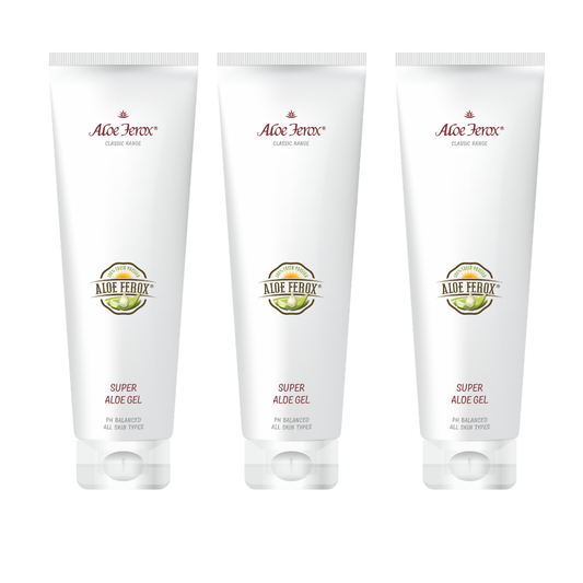 Three tubes of Aloe Ferox Super Aloe Gel on a white background