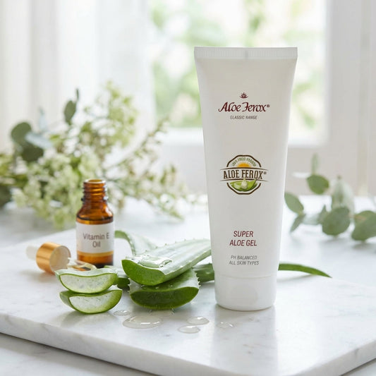 Aloe Ferox super aloe gel on a marble surface with a blurred natural background