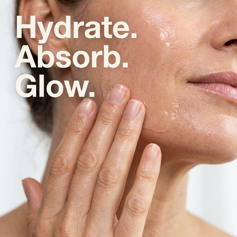 Close-up of a person's face with text 'Hydrate. Absorb. Glow.'