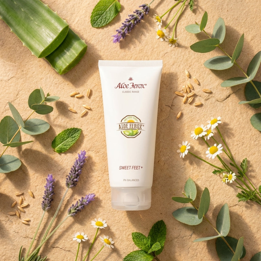 Aloe Ferox product tube surrounded by aloe ferox leaves, lavender, and other plants on a beige background