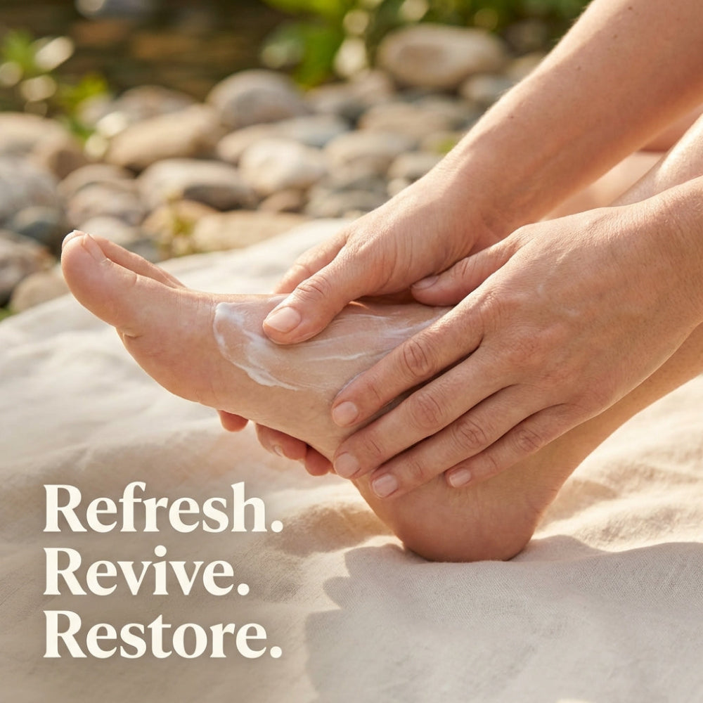 Person applying cream to a foot with a natural background