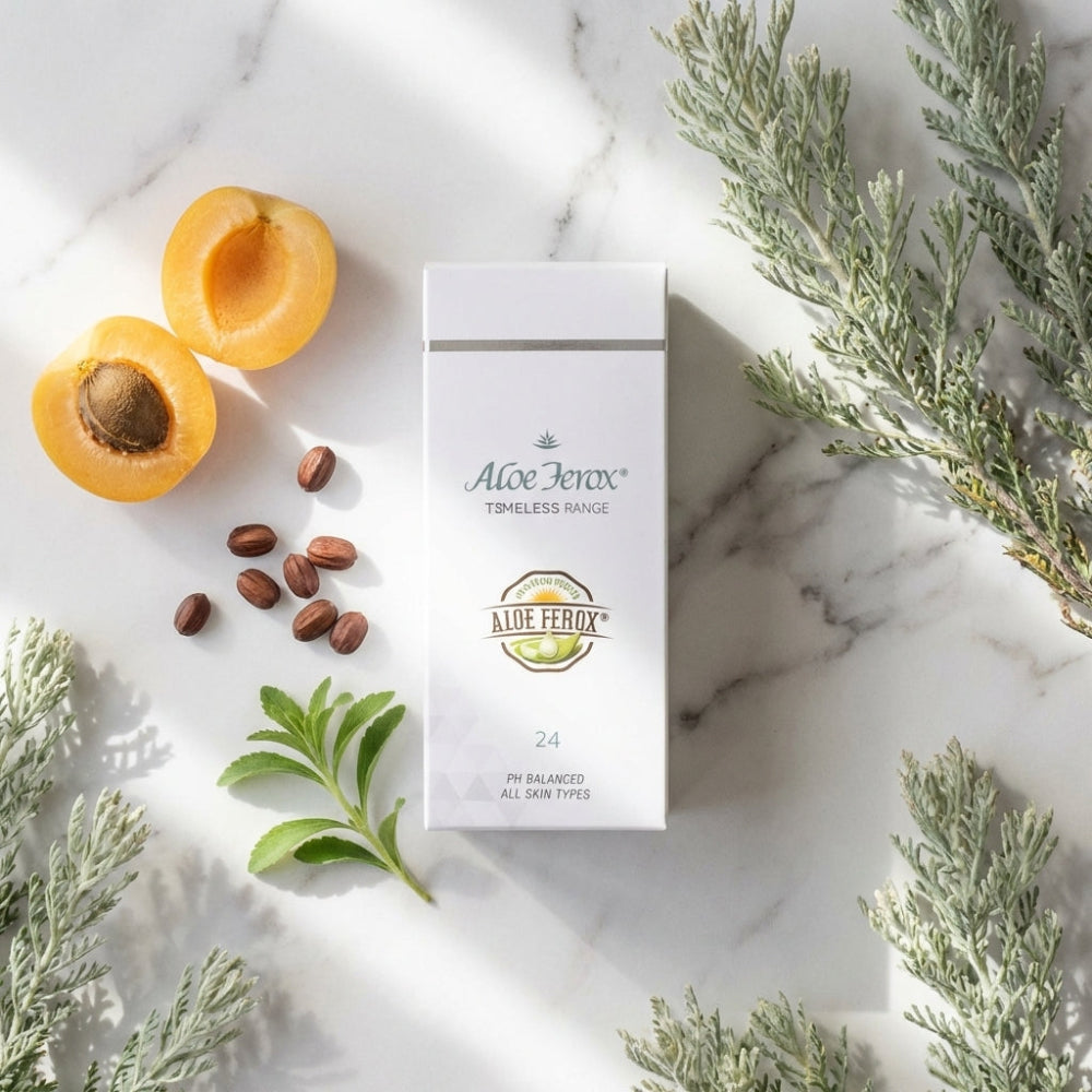 Aloe Ferox Timeless 24 product packaging on a marble surface with apricots and leaves.