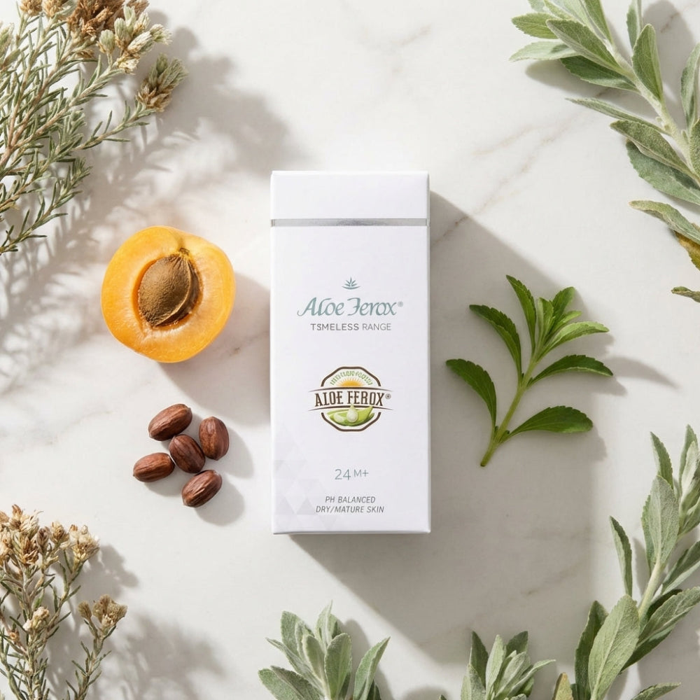 Aloe Ferox skincare product packaging with apricot, shea butter, and green leaves on a light background