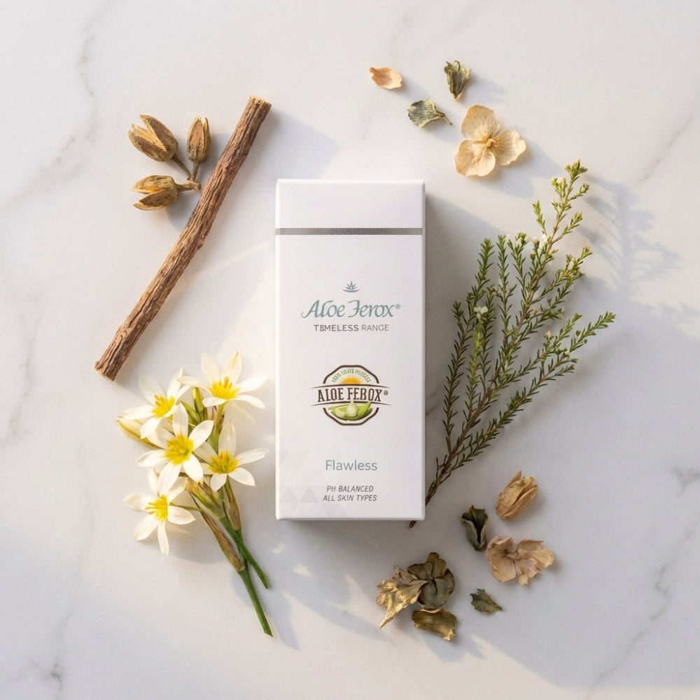 Aloe Ferox product packaging on a marble surface with flowers and herbs.