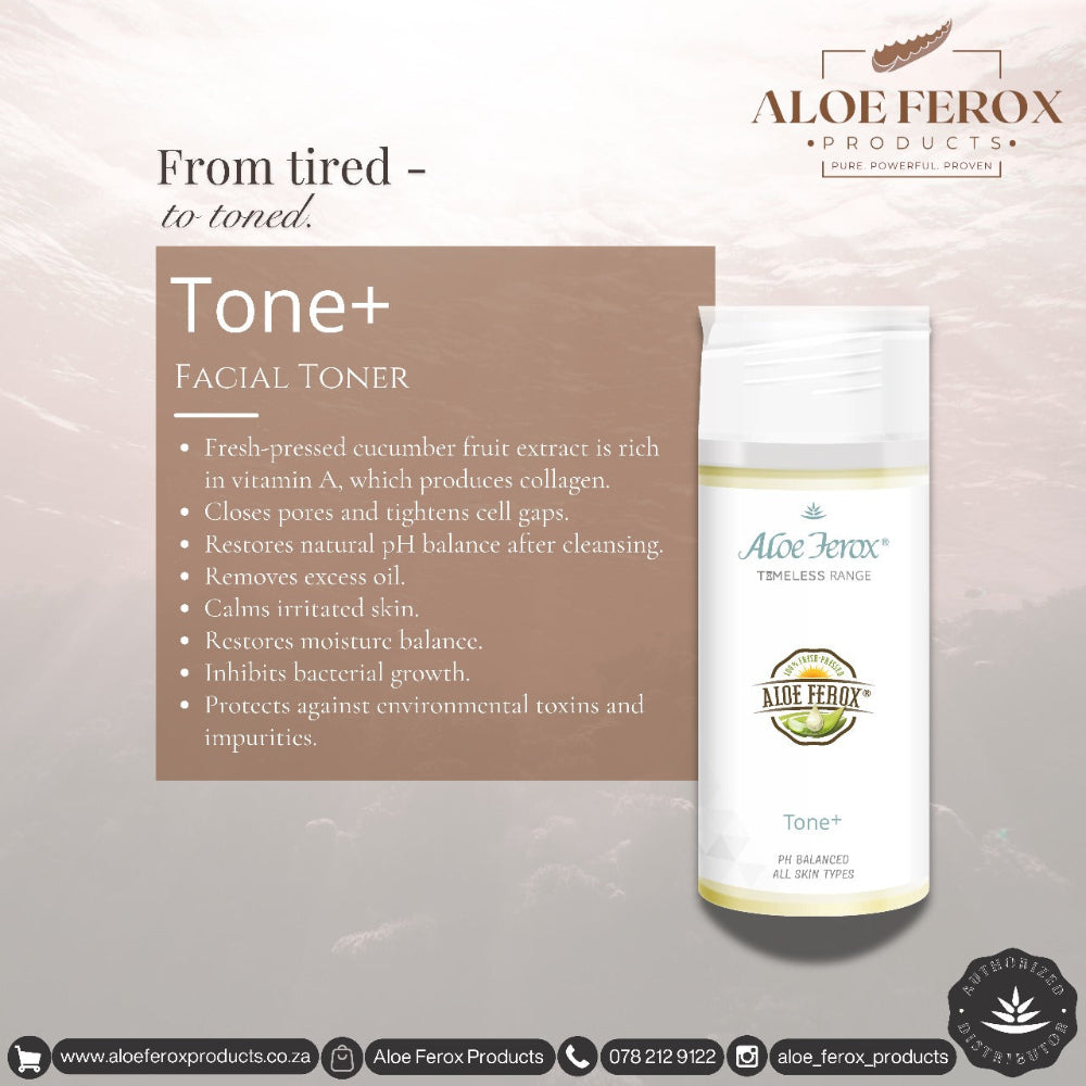 Aloe Ferox Tone+ Facial Toner bottle with product description on a light background