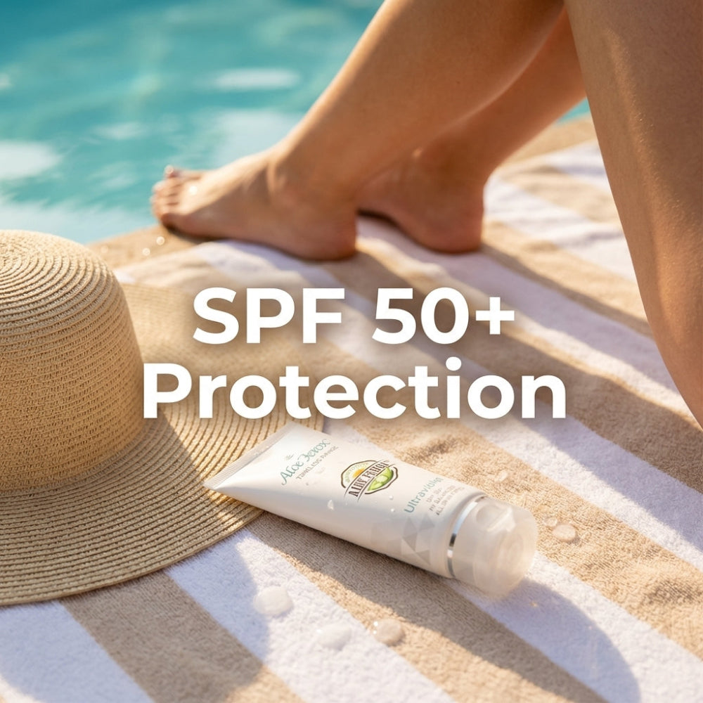 Sunscreen tube and hat on a towel with 'SPF 50+ Protection' text by a pool.
