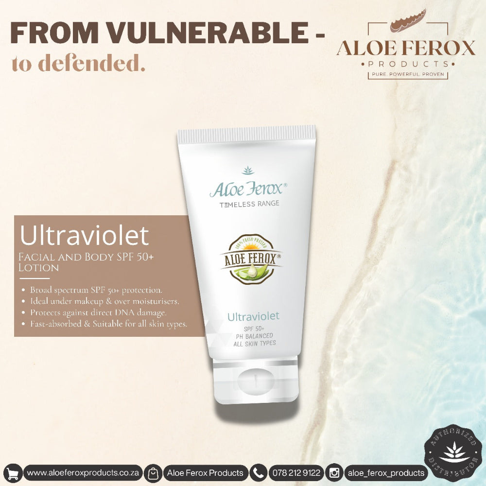 Aloe Ferox Ultraviolet facial and body lotion with product details on a light background