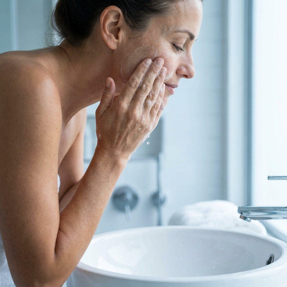 Woman washing her face in a bathroom sink.