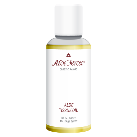 Aloe Ferox Tissue Oil bottle for skin, a botanical oil blend that nourishes dry, damaged or scarred skin and restores elasticity.