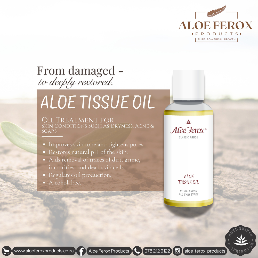 Aloe Ferox Aloe Tissue Oil bottle with product description on a natural background