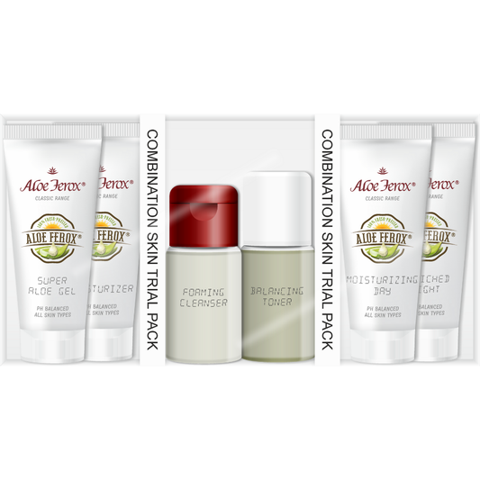 Aloe Ferox trial pack for combination skin is the ideal travel companion or purchase to test the products before comitting to full size.
Trial pack for combination skin contains the following products:
Foaming Cleanser, Balancing Toner
Super Aloe Gel, Moisturizing Day, 
Moisturizer, Enriched Night