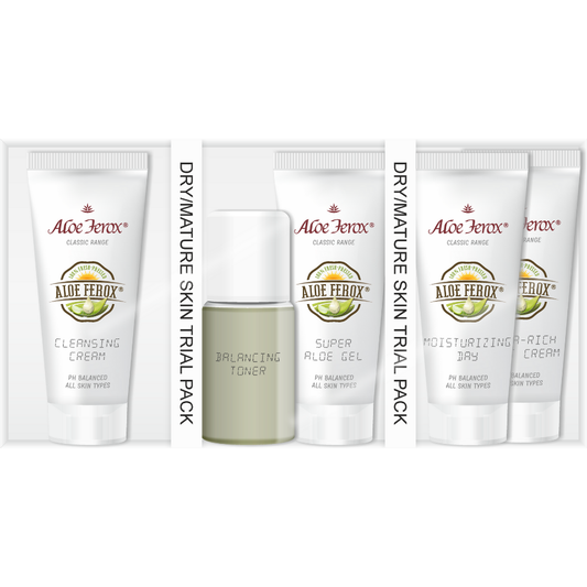 Aloe Ferox Skincare Trial Pack for Dry or mature Skin. Perfect travel companion or to try the products before commiting to full size. Trial Pack contains Cleansing Cream, Balancing Toner, Super Aloe Gel, Moisturizing Day and Ultra Rich Night.
