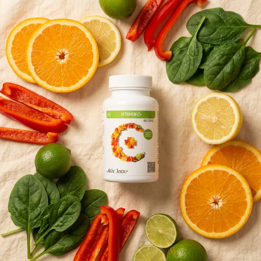 Vitamin C Aloe Ferox supplement bottle surrounded by fruits and vegetables on a textured surface