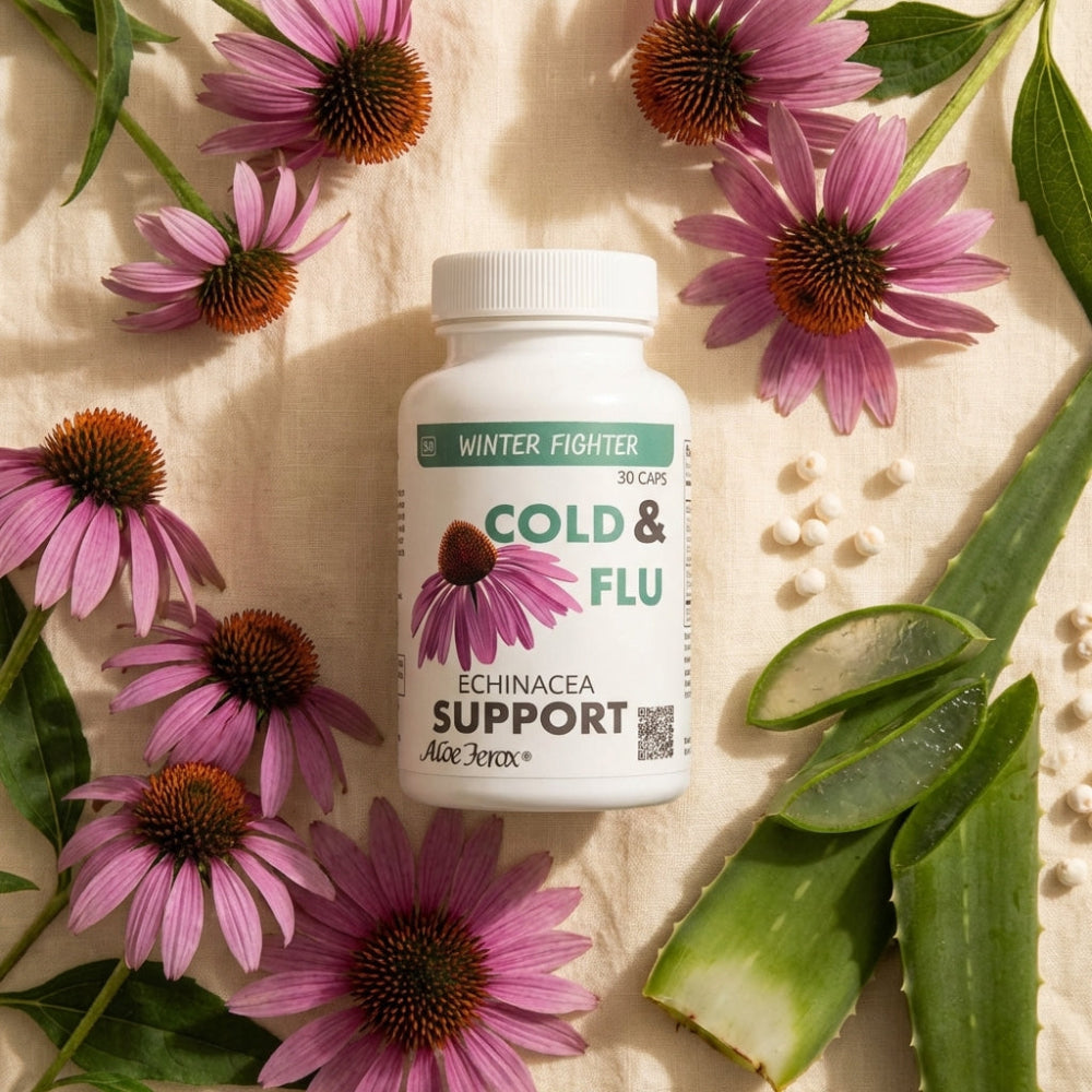 Bottle of 'Cold & Flu Support' supplement surrounded by pink flowers and green leaves on a light background