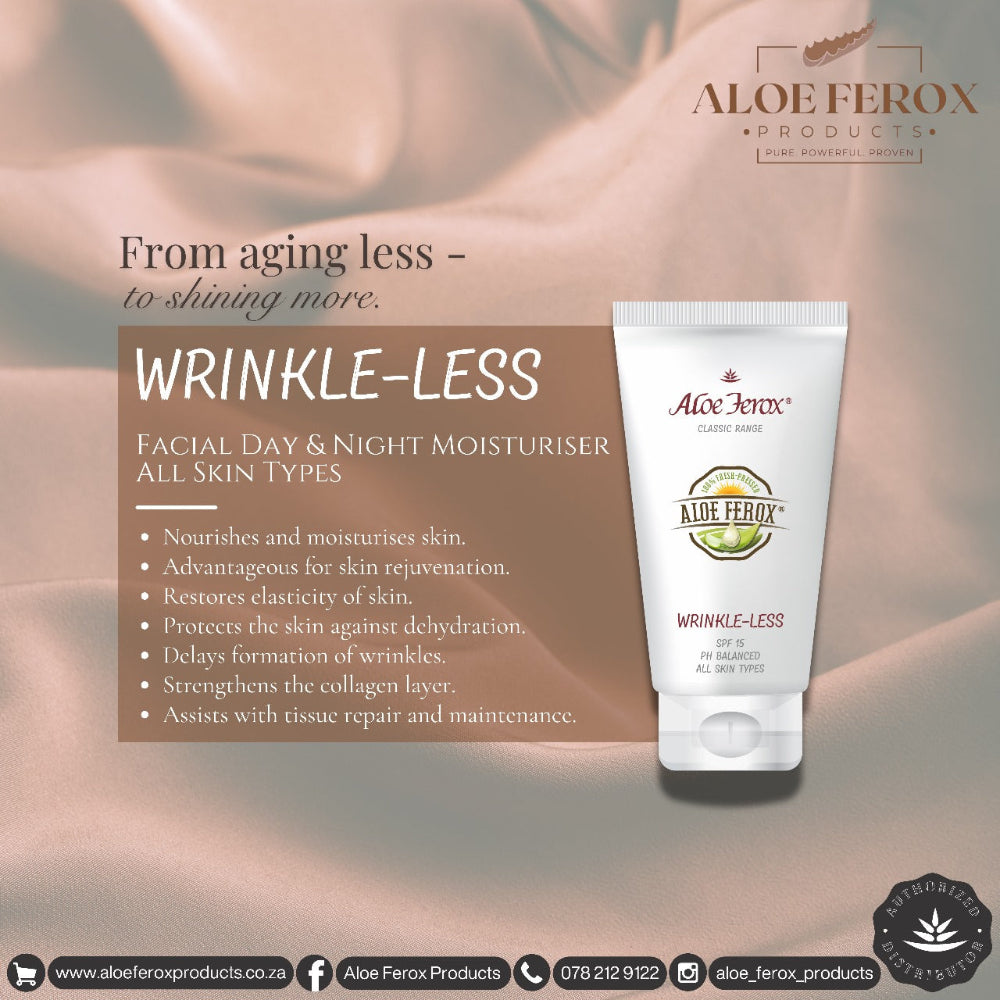 Aloe Ferox Wrinkle-Less moisturizer tube with product description on a skin background