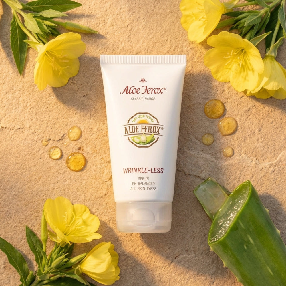 Aloe Ferox wrinkle-less cream tube with aloe vera leaves and yellow flowers on a beige background