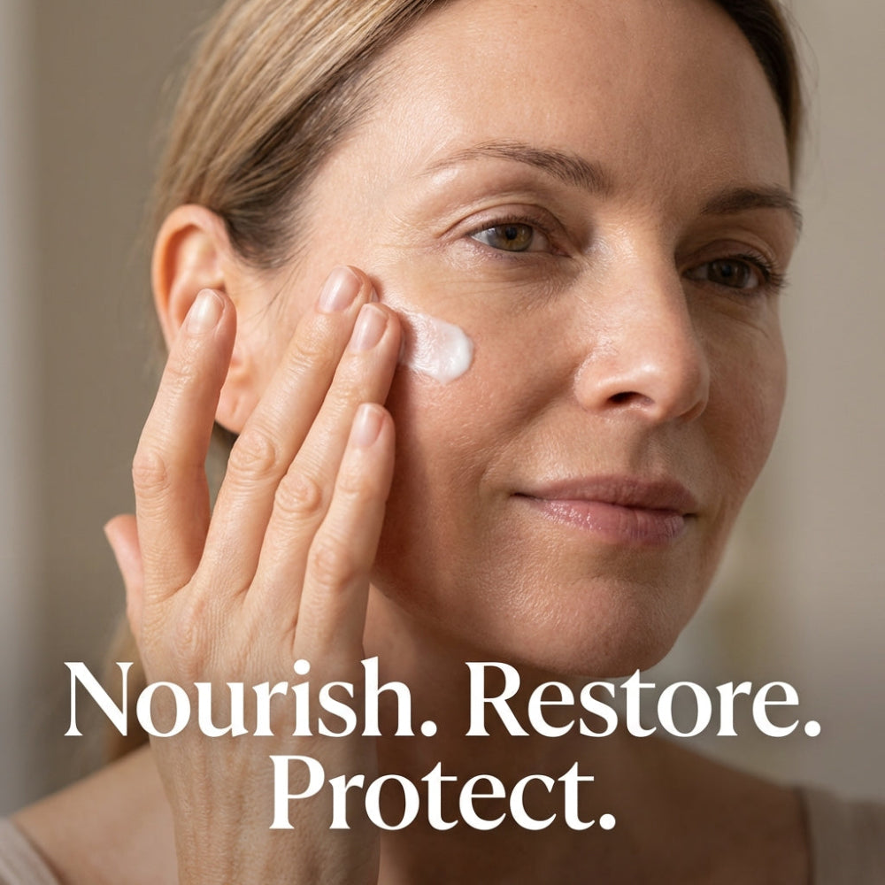 Woman applying cream to her face with text 'Nourish. Restore. Protect.'
